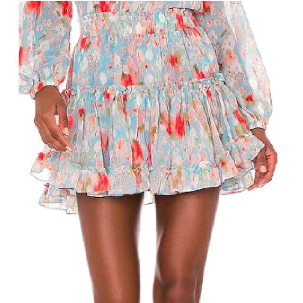 MISA Los Angeles Marion Layal Tiered Mini Skirt Medium Blue Daydream Floral